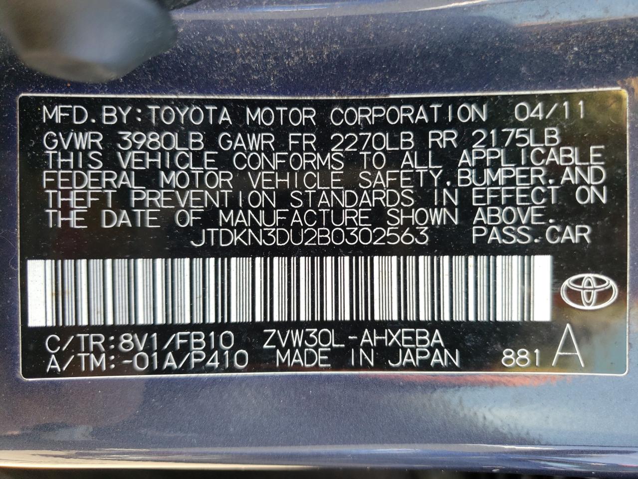 JTDKN3DU2B0302563 2011 Toyota Prius