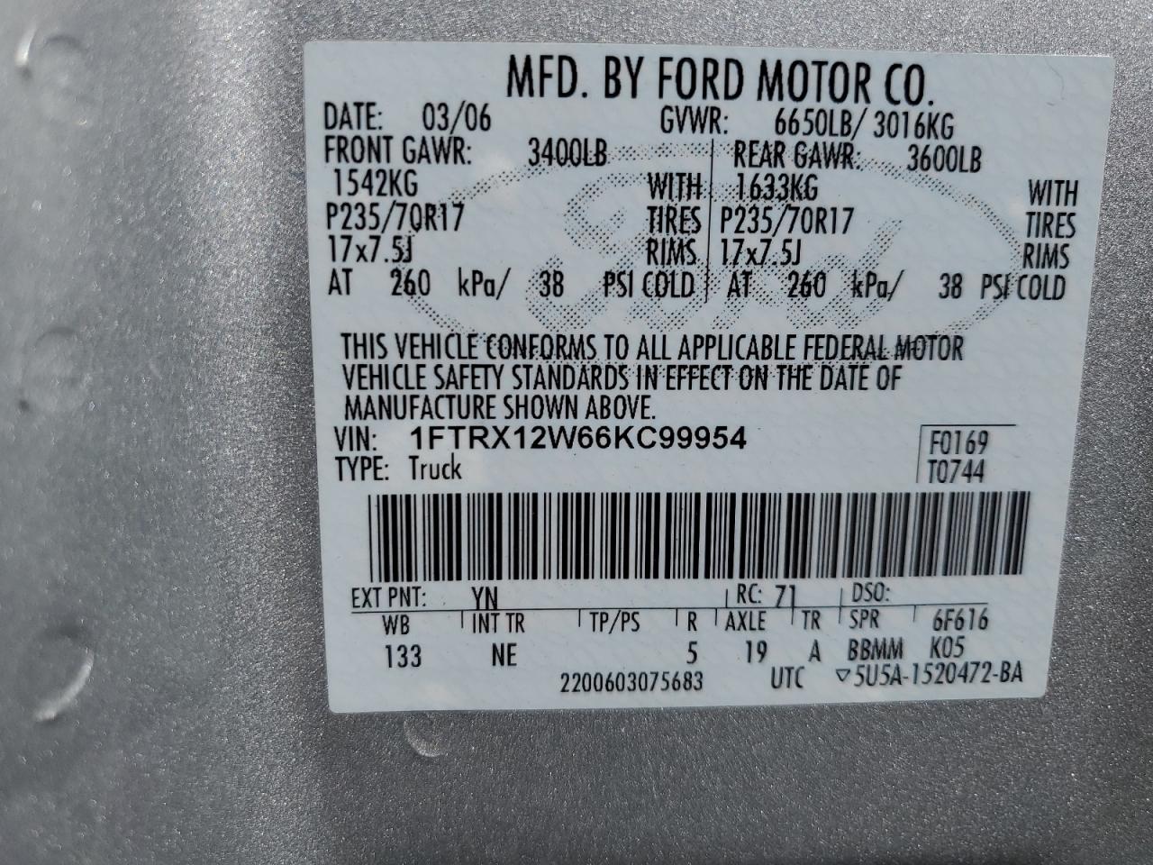 1FTRX12W66KC99954 2006 Ford F150