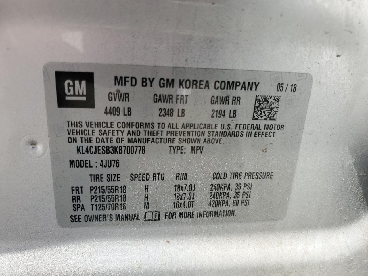 KL4CJESB3KB700778 2019 Buick Encore Preferred