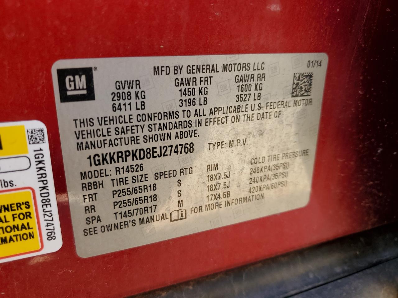 1GKKRPKD8EJ274768 2014 GMC Acadia Sle