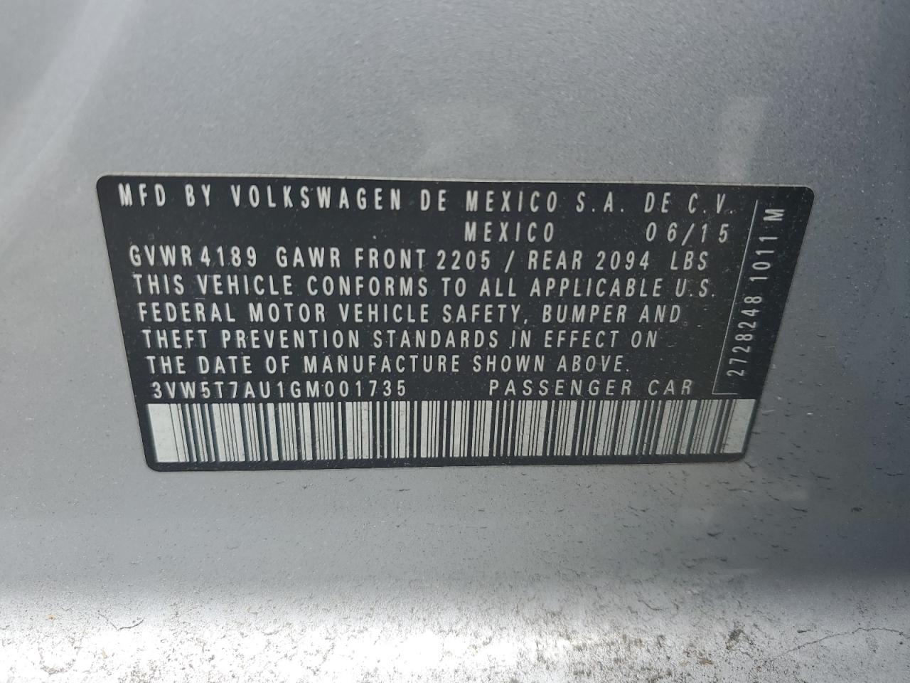 3VW5T7AU1GM001735 2016 Volkswagen Gti S/Se