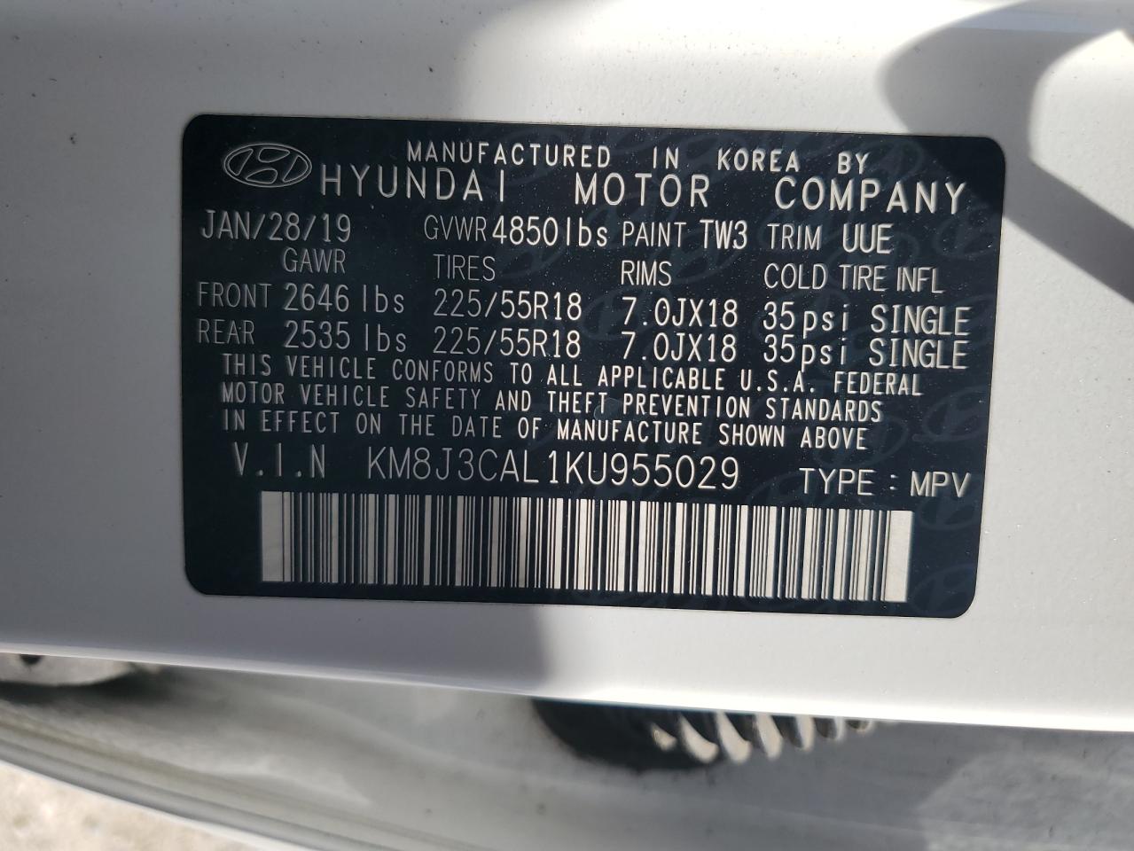 KM8J3CAL1KU955029 2019 Hyundai Tucson Limited