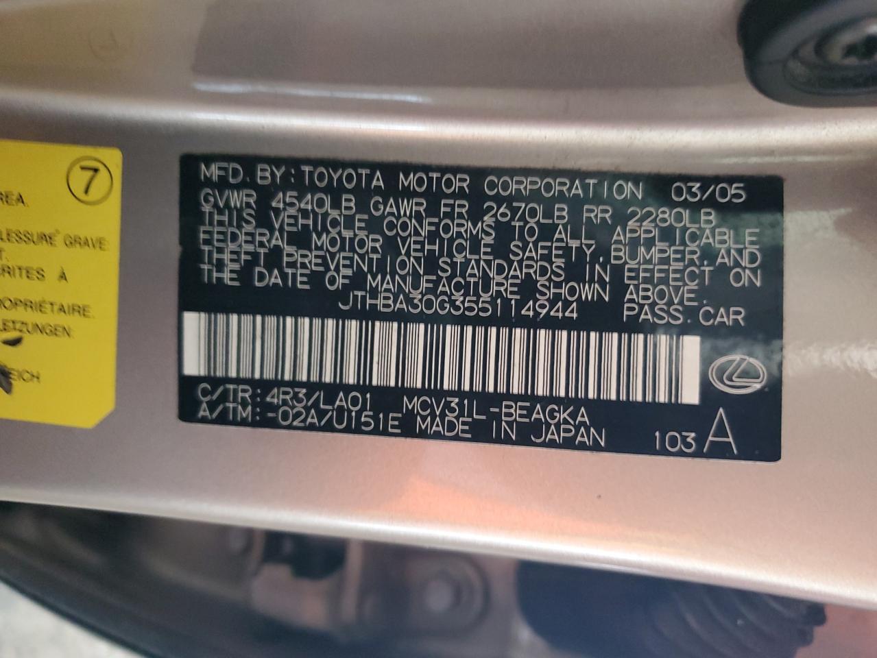 JTHBA30G355114944 2005 Lexus Es 330