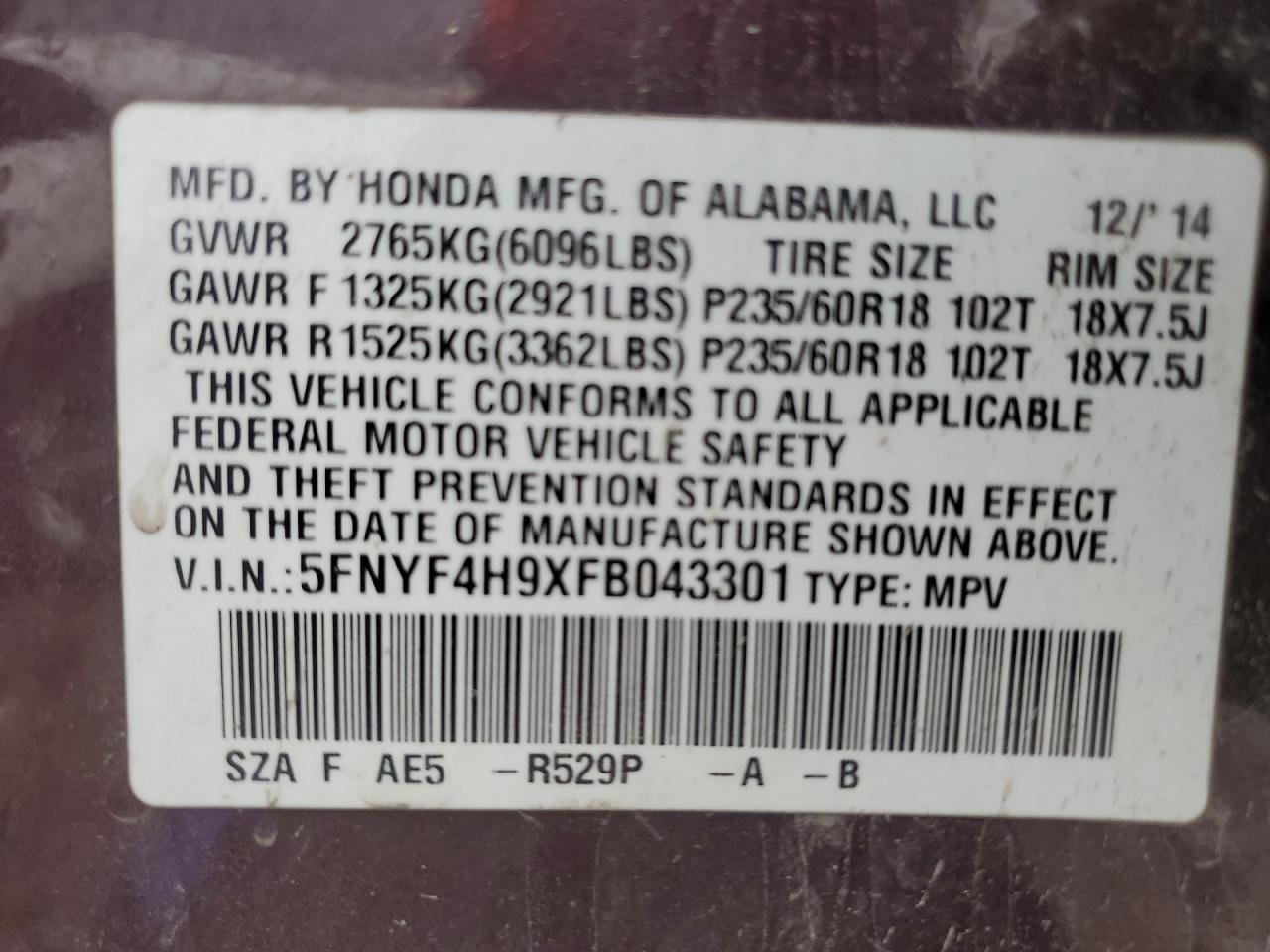 5FNYF4H9XFB043301 2015 Honda Pilot Touring