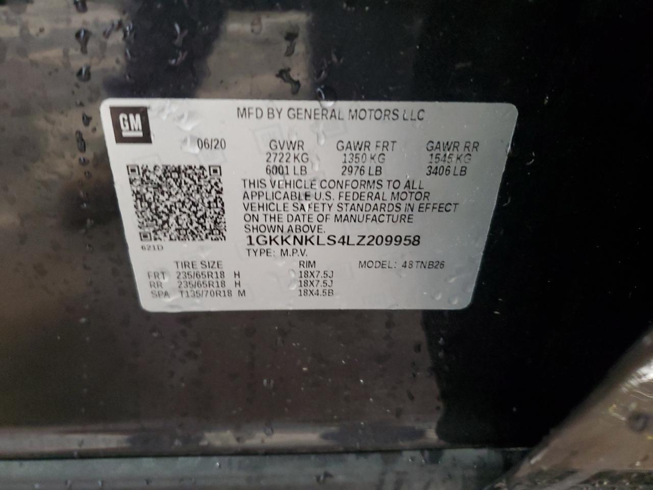 1GKKNKLS4LZ209958 2020 GMC Acadia Sle