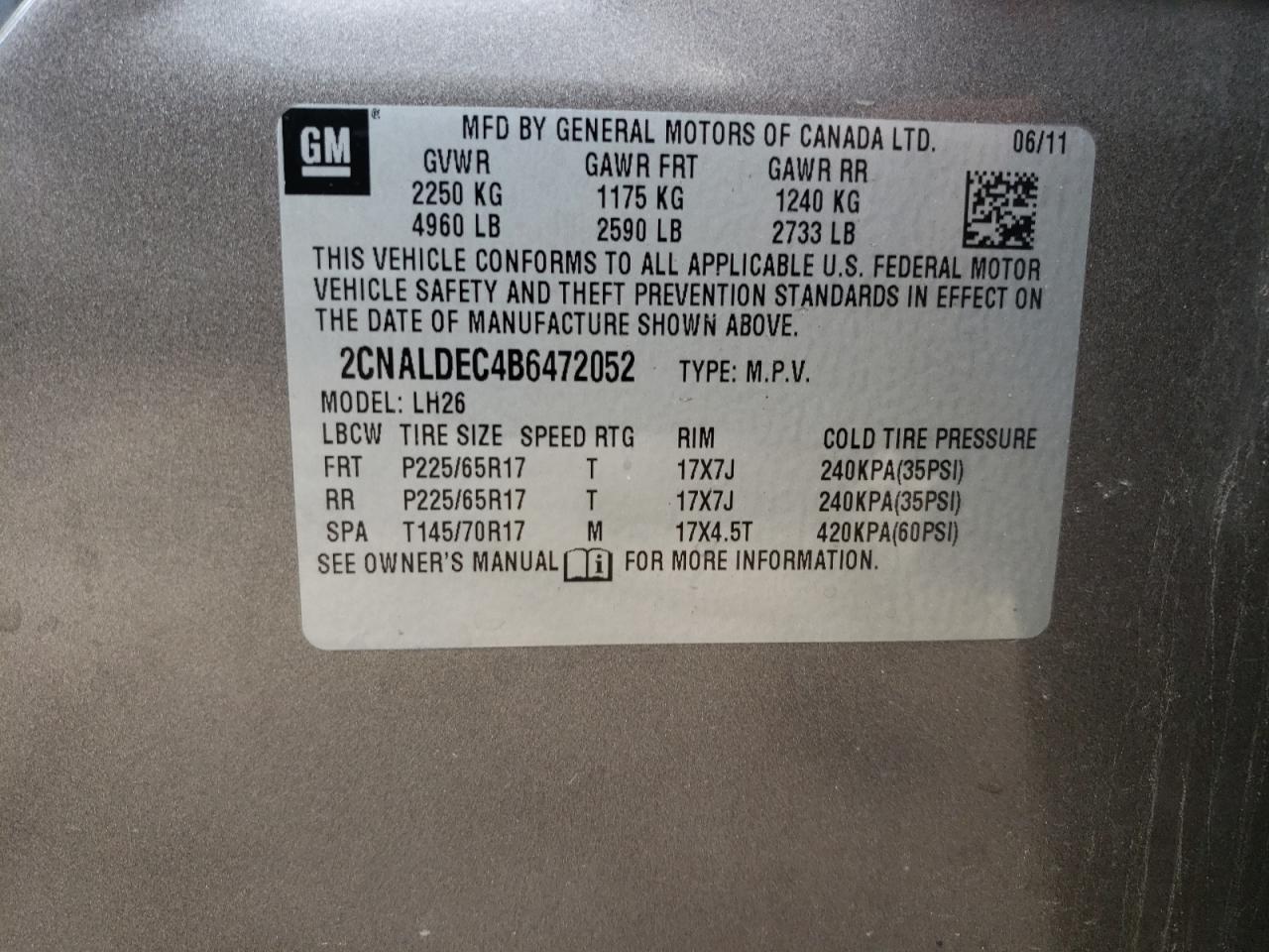 2CNALDEC4B6472052 2011 Chevrolet Equinox Lt