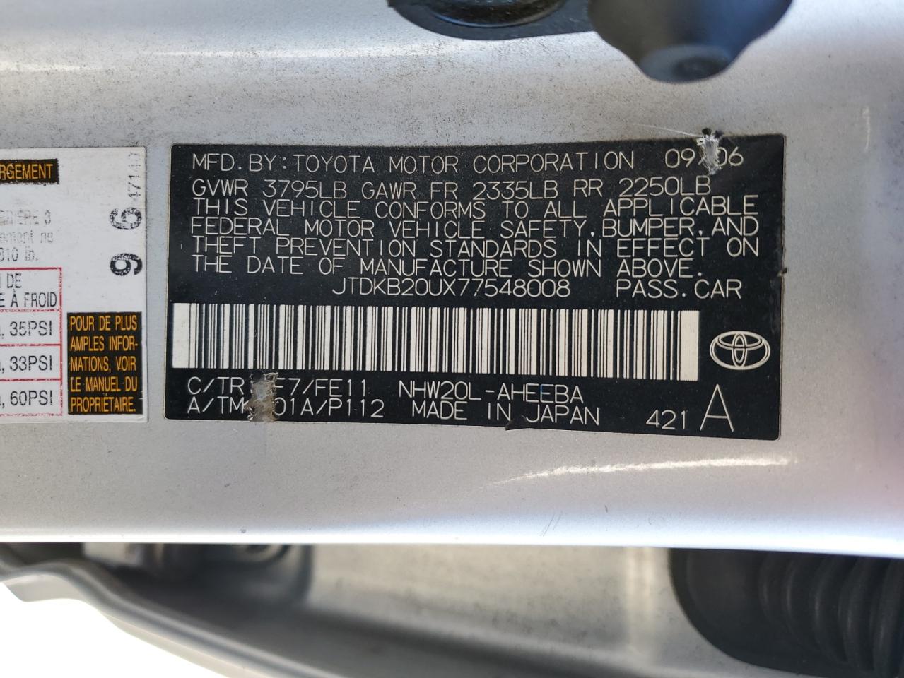 JTDKB20UX77548008 2007 Toyota Prius