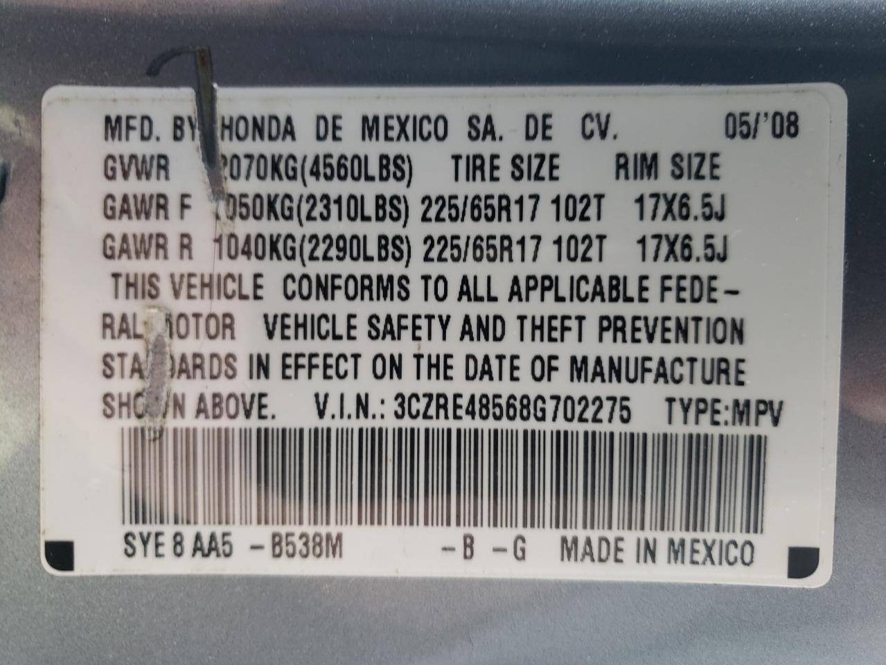 3CZRE48568G702275 2008 Honda Cr-V Ex