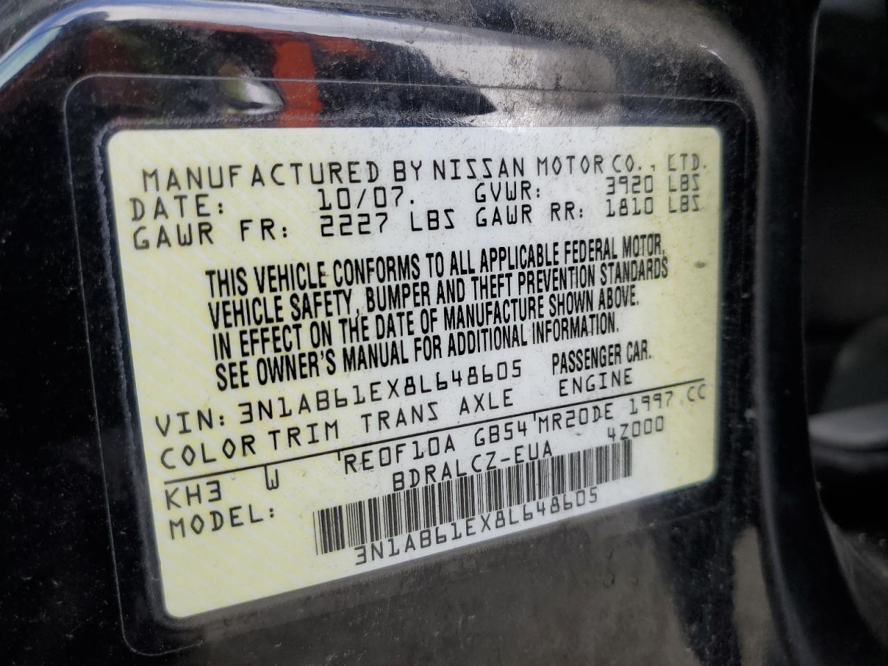 3N1AB61EX8L648605 2008 Nissan Sentra 2.0