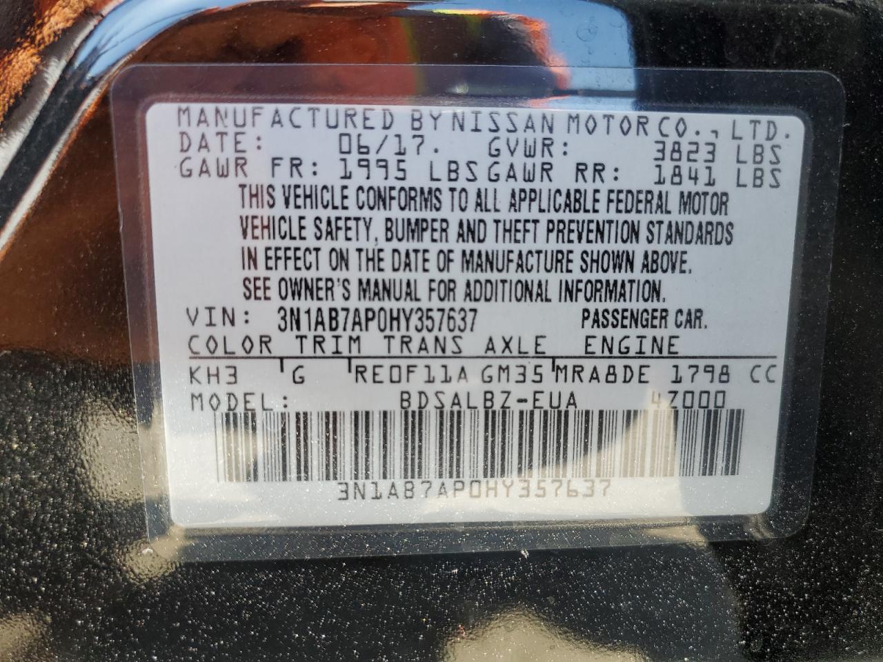 3N1AB7AP0HY357637 2017 Nissan Sentra S