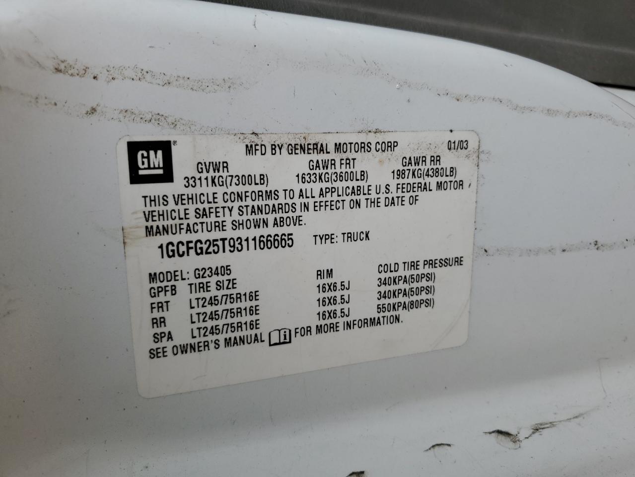 1GCFG25T931166665 2003 Chevrolet Express G2500