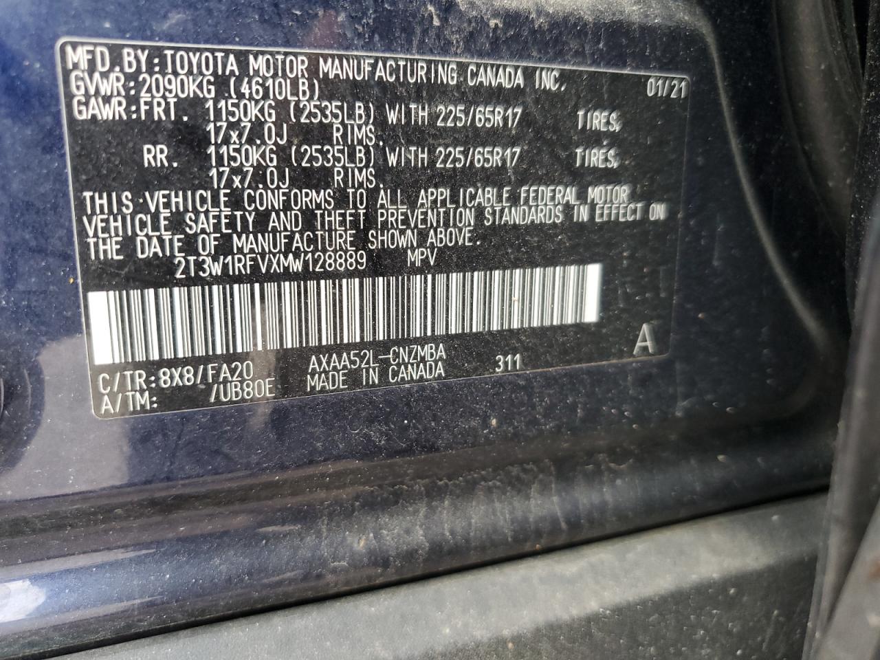 2T3W1RFVXMW128889 2021 Toyota Rav4 Xle