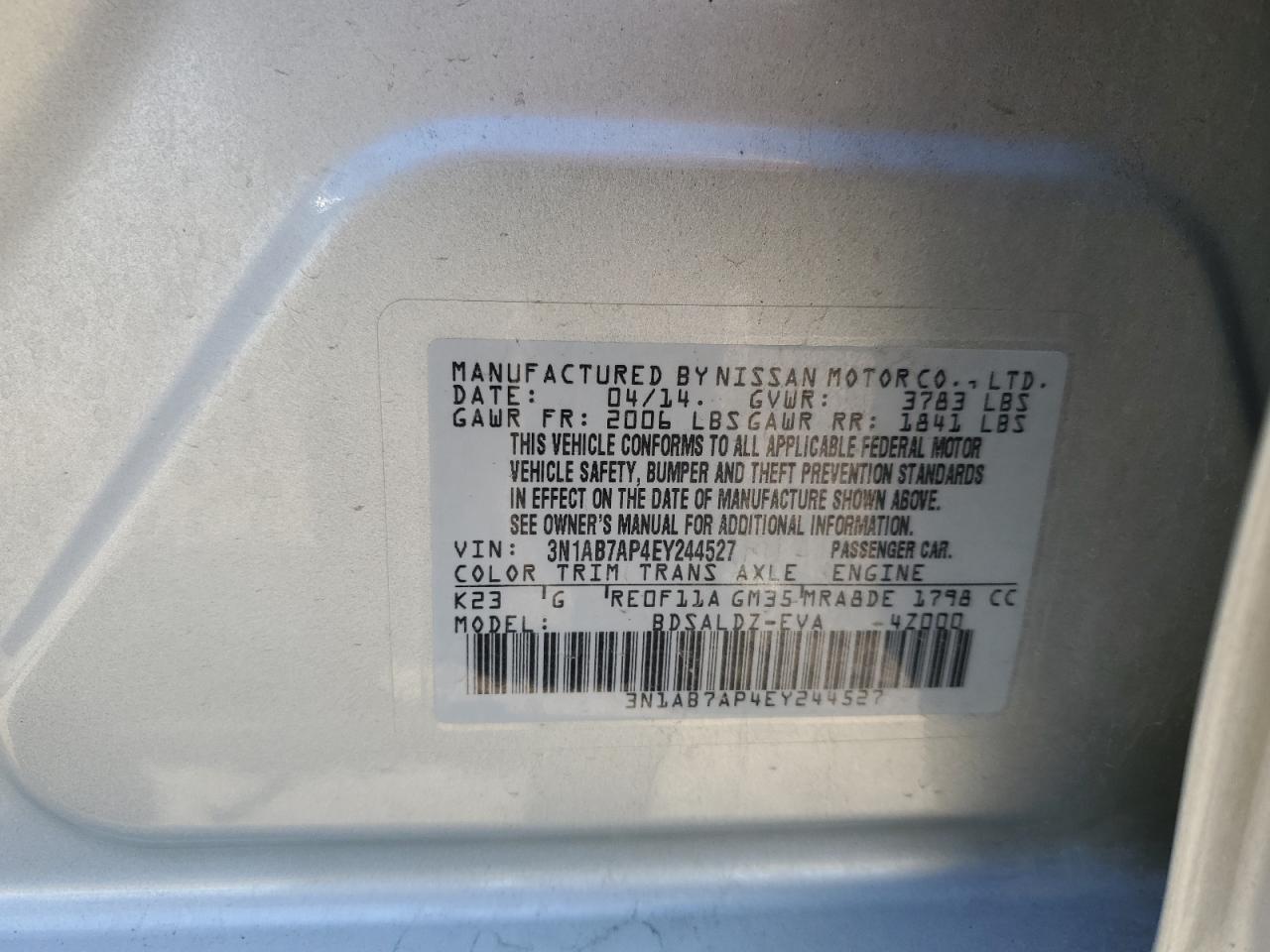 3N1AB7AP4EY244527 2014 Nissan Sentra S