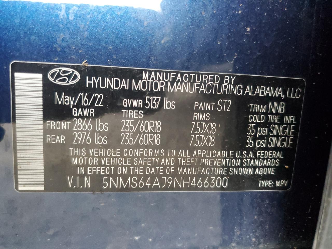 5NMS64AJ9NH466300 2022 Hyundai Santa Fe Sel