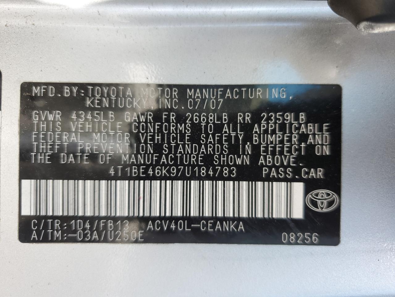 4T1BE46K97U184783 2007 Toyota Camry Ce