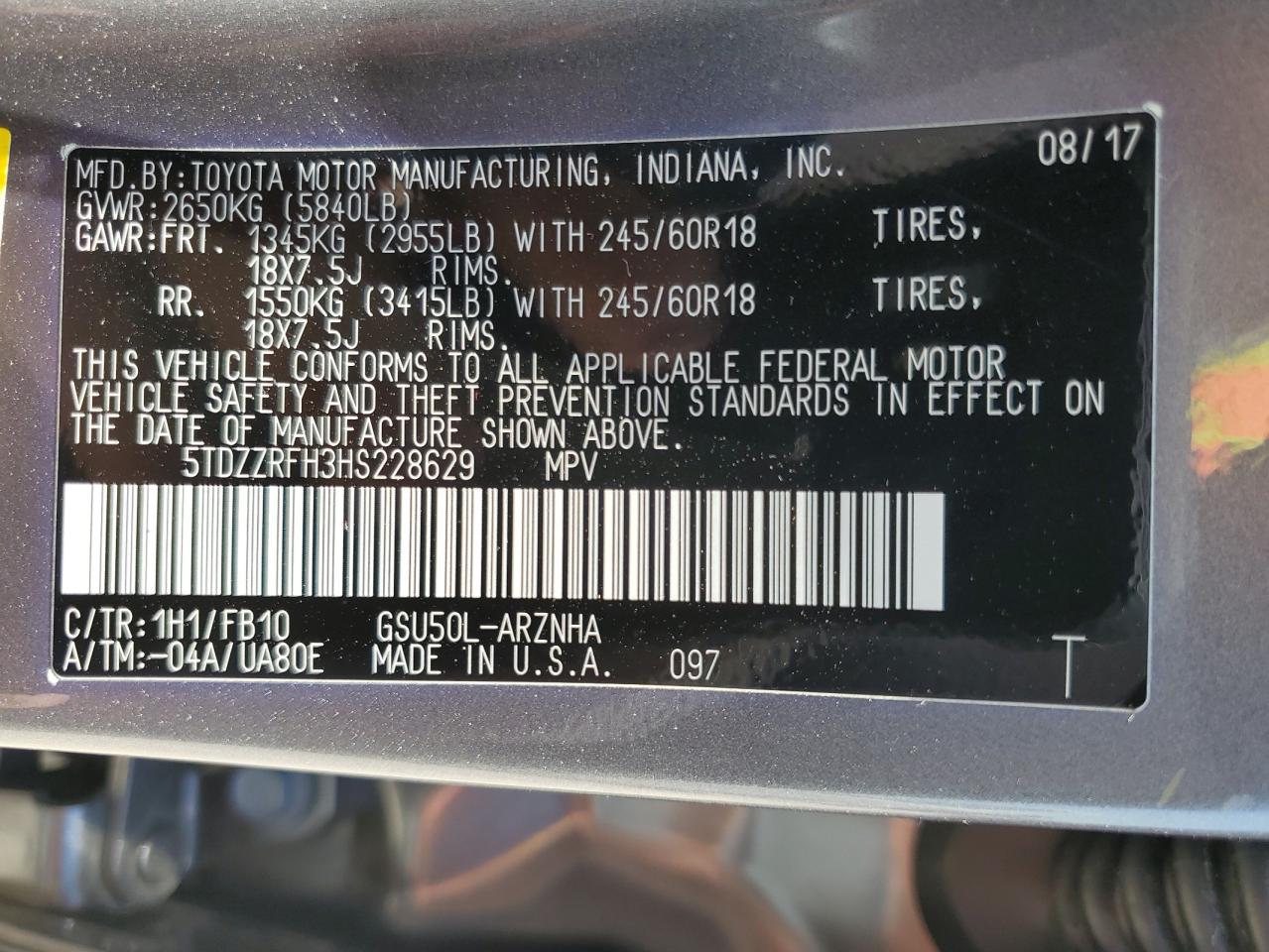 5TDZZRFH3HS228629 2017 Toyota Highlander Le