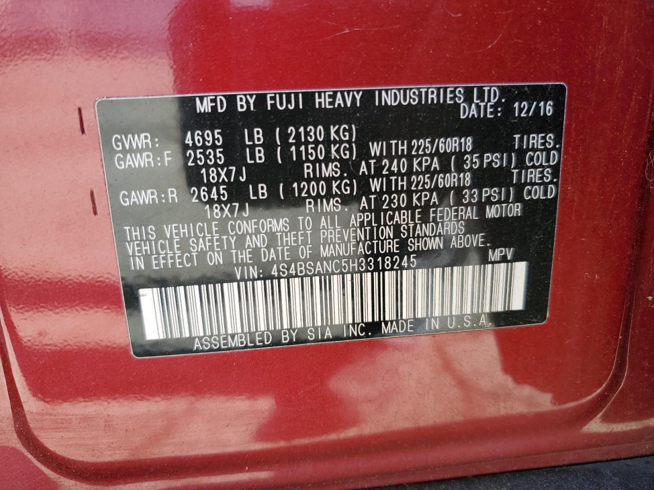 4S4BSANC5H3318245 2017 Subaru Outback 2.5I Limited