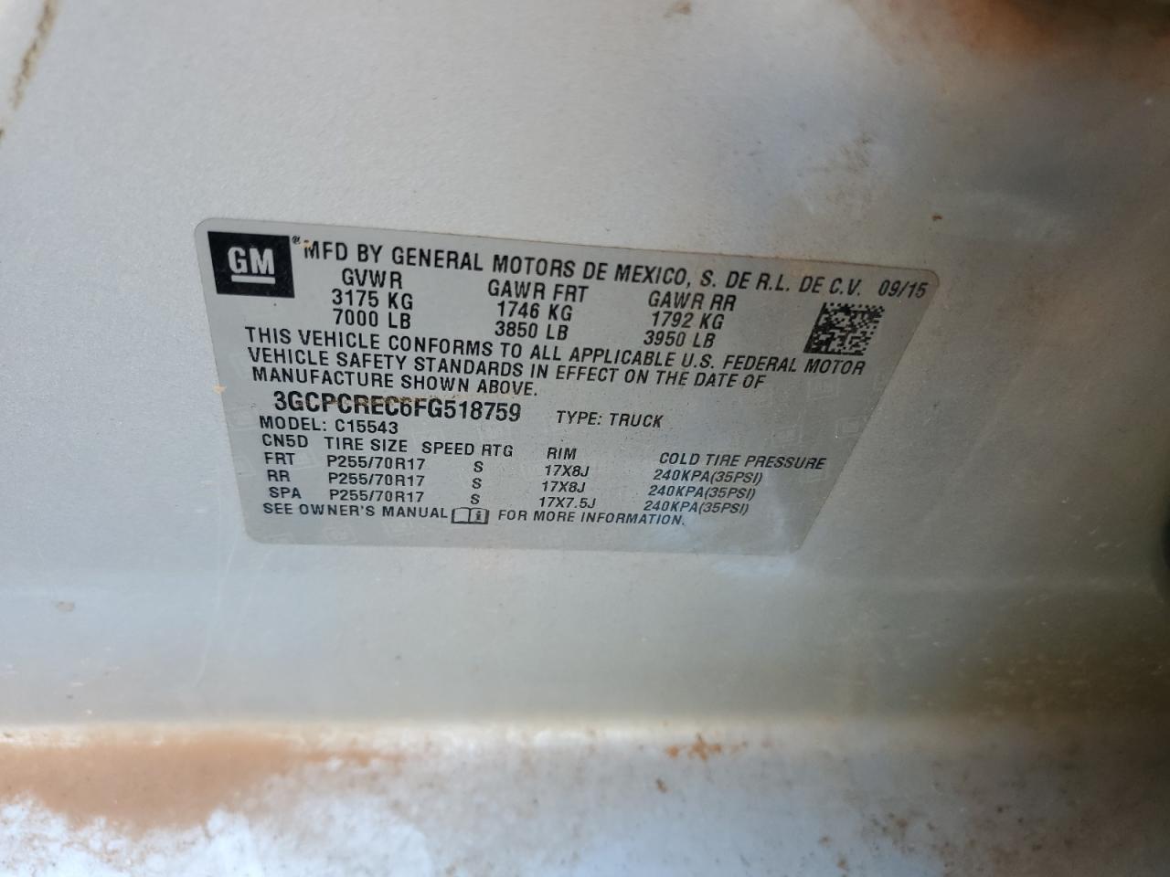 3GCPCREC6FG518759 2015 Chevrolet Silverado C1500 Lt