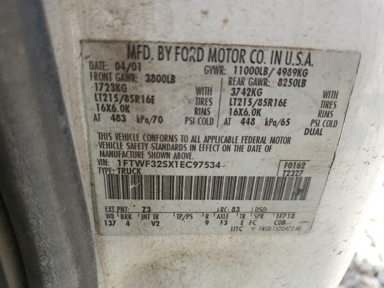 1FTWF32SX1EC97534 2001 Ford F350 Super Duty