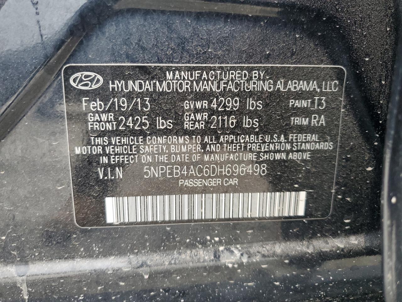 5NPEB4AC6DH696498 2013 Hyundai Sonata Gls