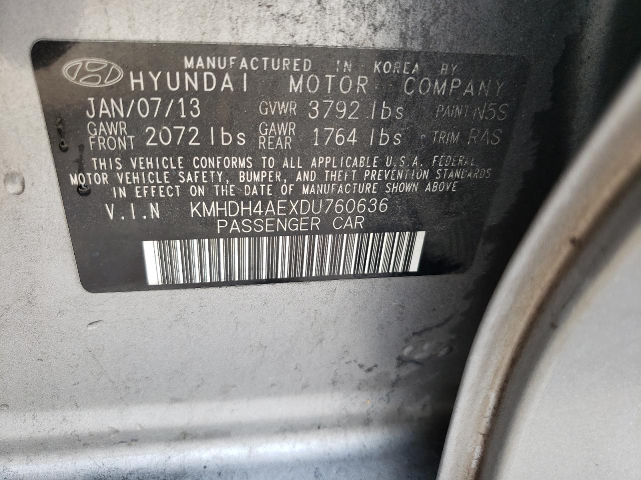 KMHDH4AEXDU760636 2013 Hyundai Elantra Gls