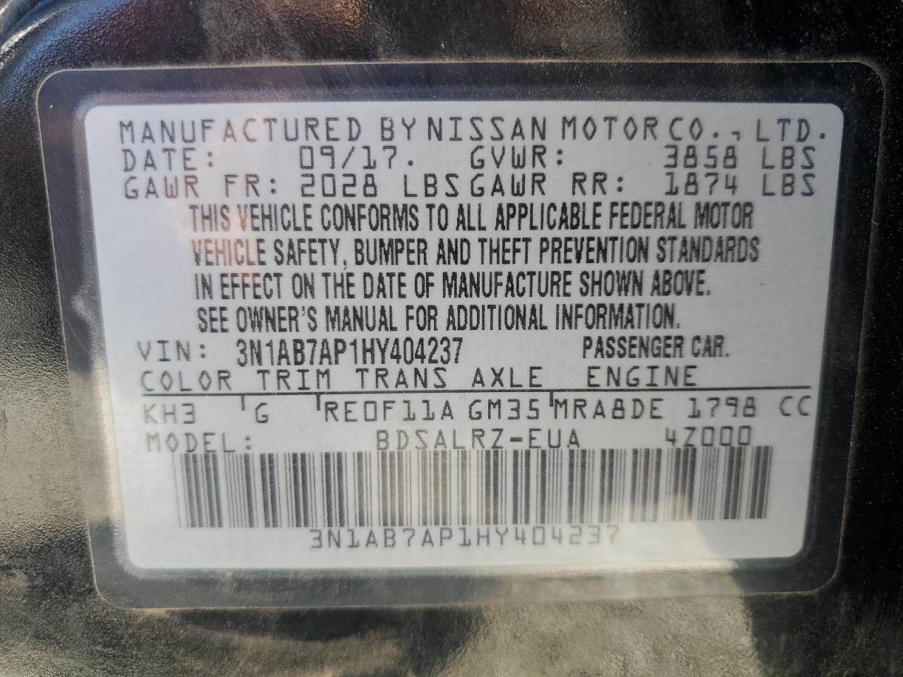 3N1AB7AP1HY404237 2017 Nissan Sentra S