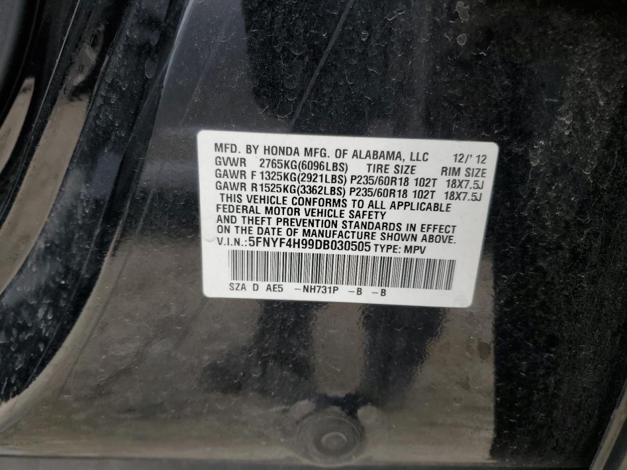 5FNYF4H99DB030505 2013 Honda Pilot Touring