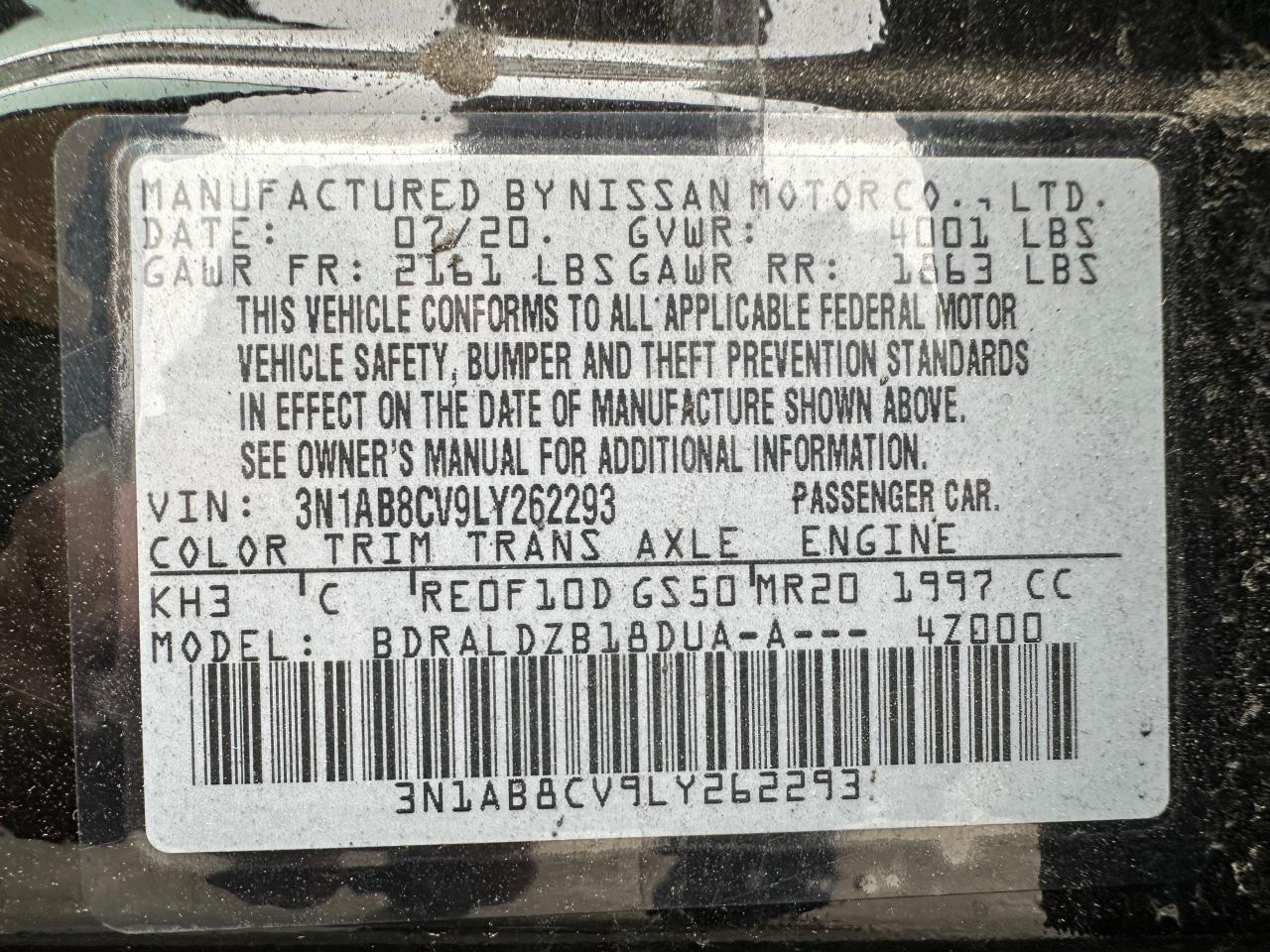 3N1AB8CV9LY262293 2020 Nissan Sentra Sv