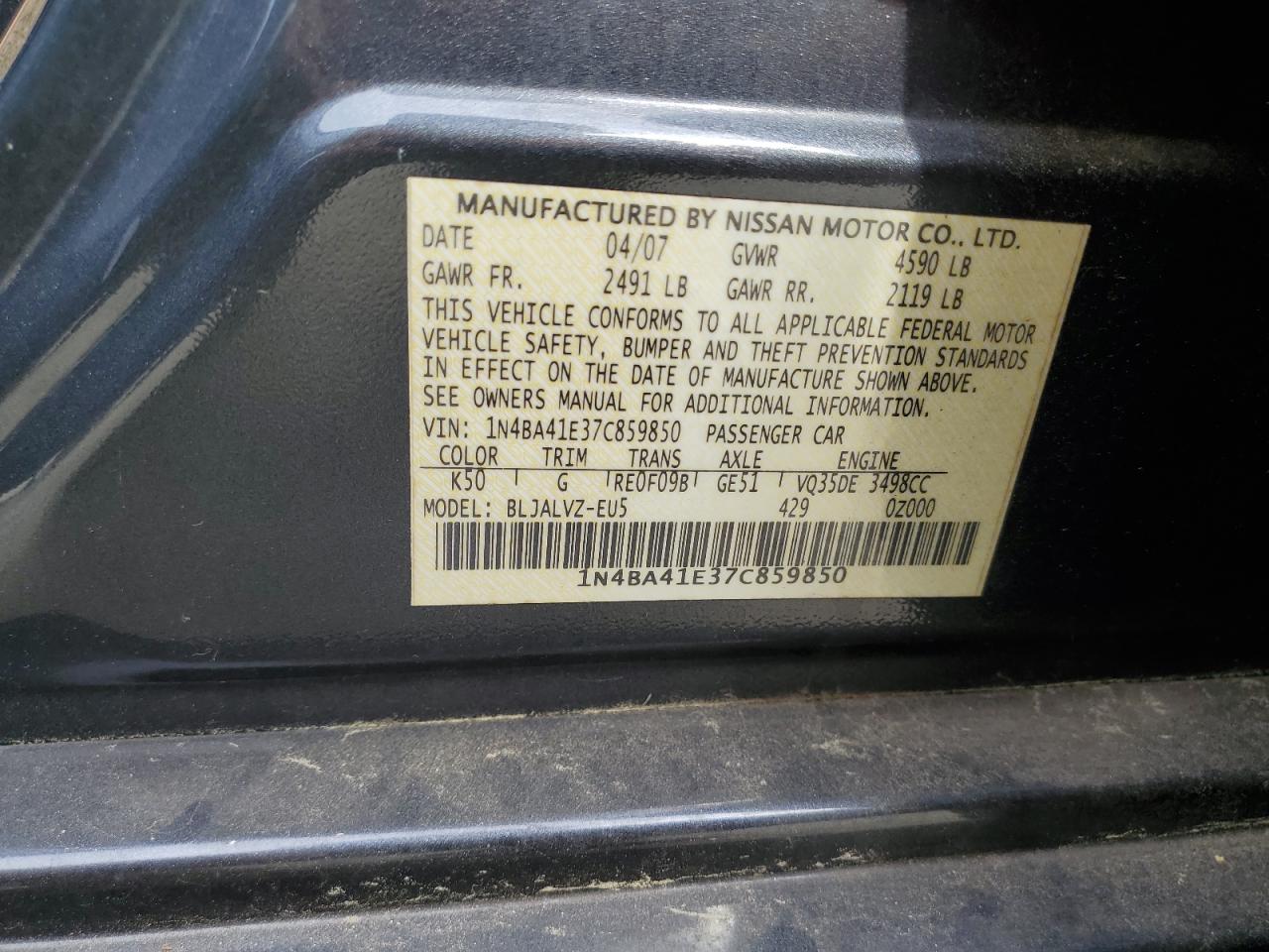 1N4BA41E37C859850 2007 Nissan Maxima Se