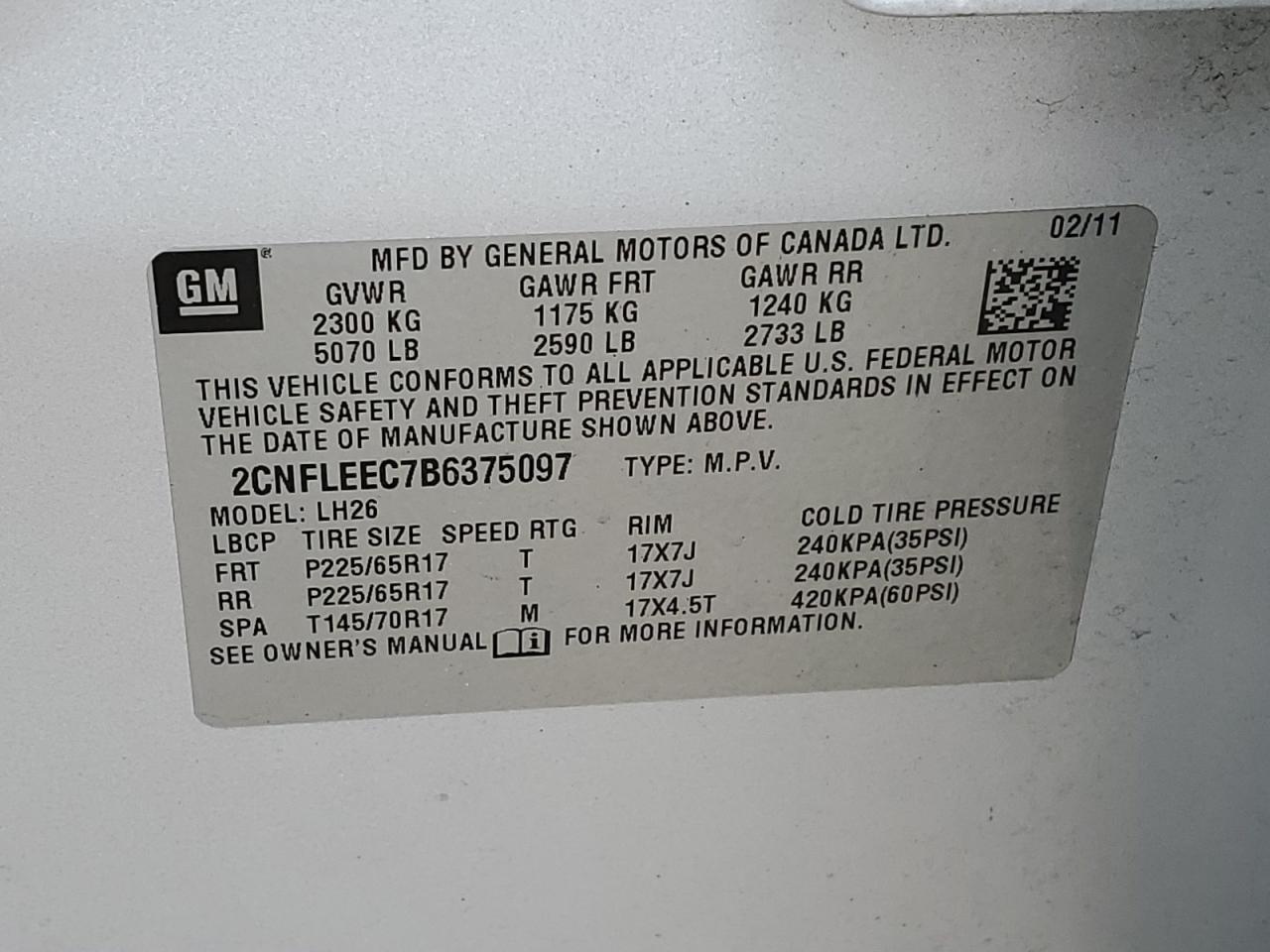 2CNFLEEC7B6375097 2011 Chevrolet Equinox Lt