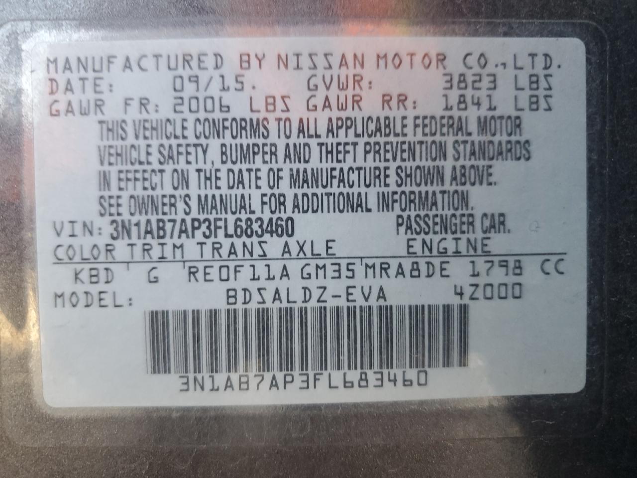3N1AB7AP3FL683460 2015 Nissan Sentra S