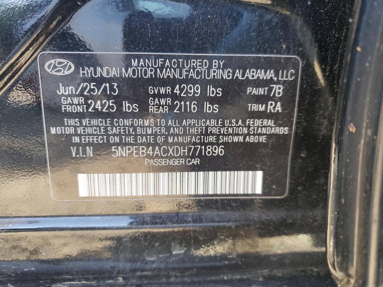 5NPEB4ACXDH771896 2013 Hyundai Sonata Gls