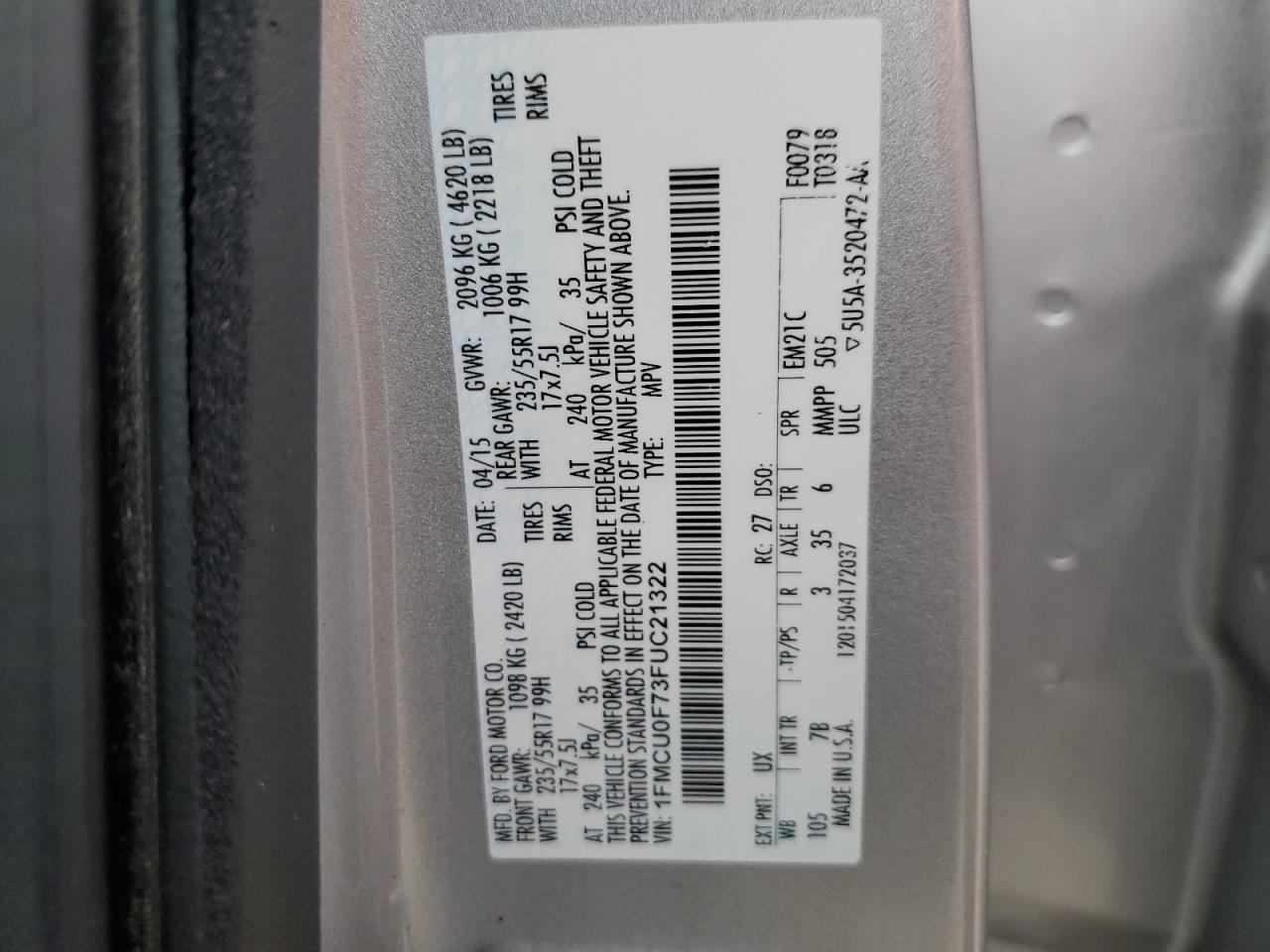 1FMCU0F73FUC21322 2015 Ford Escape S