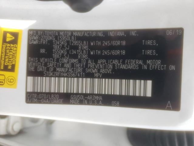 2019 Toyota Highlander Se VIN: 5TDKZRFH4KS567411 Lot: 55124644