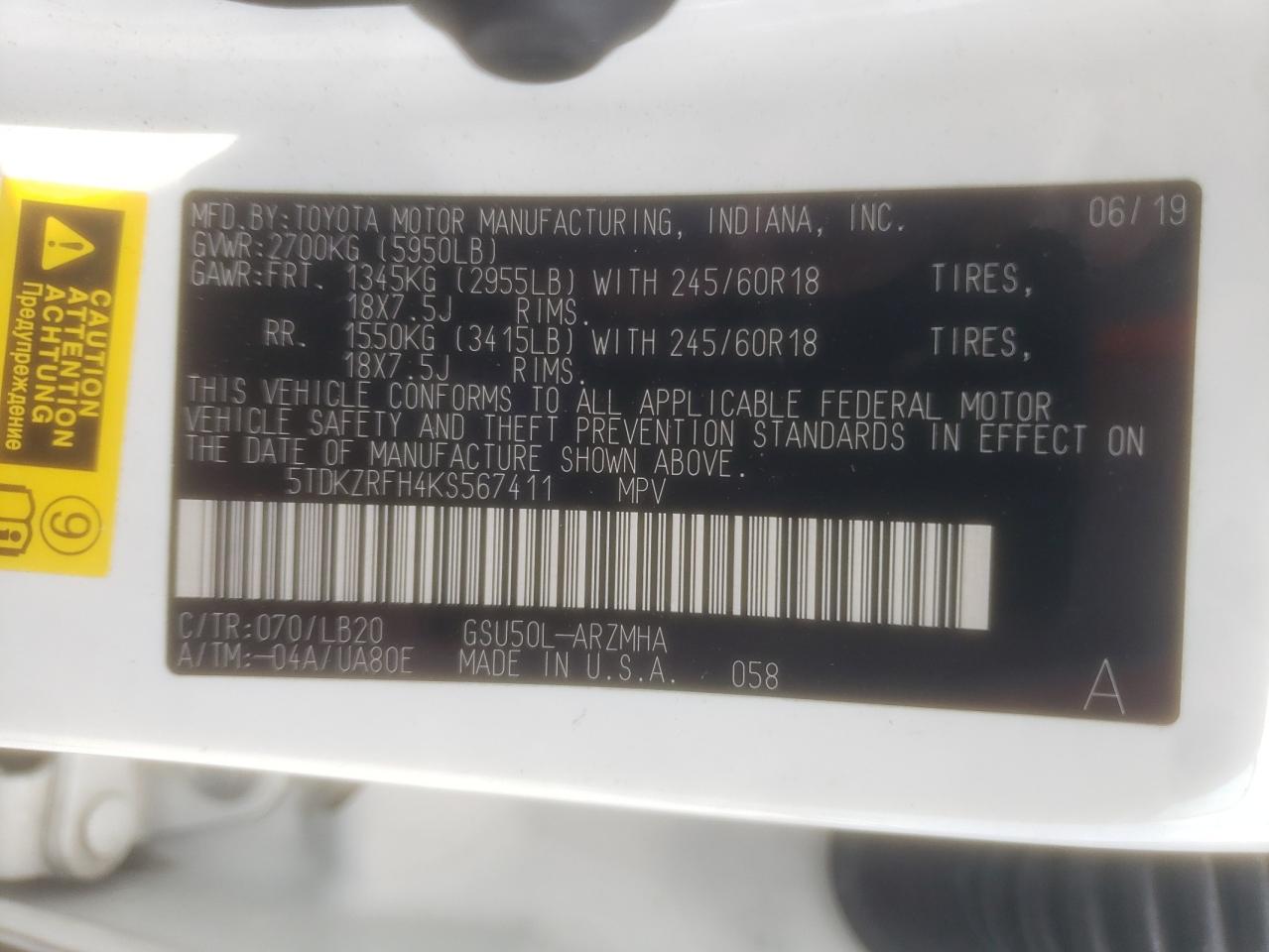 5TDKZRFH4KS567411 2019 Toyota Highlander Se