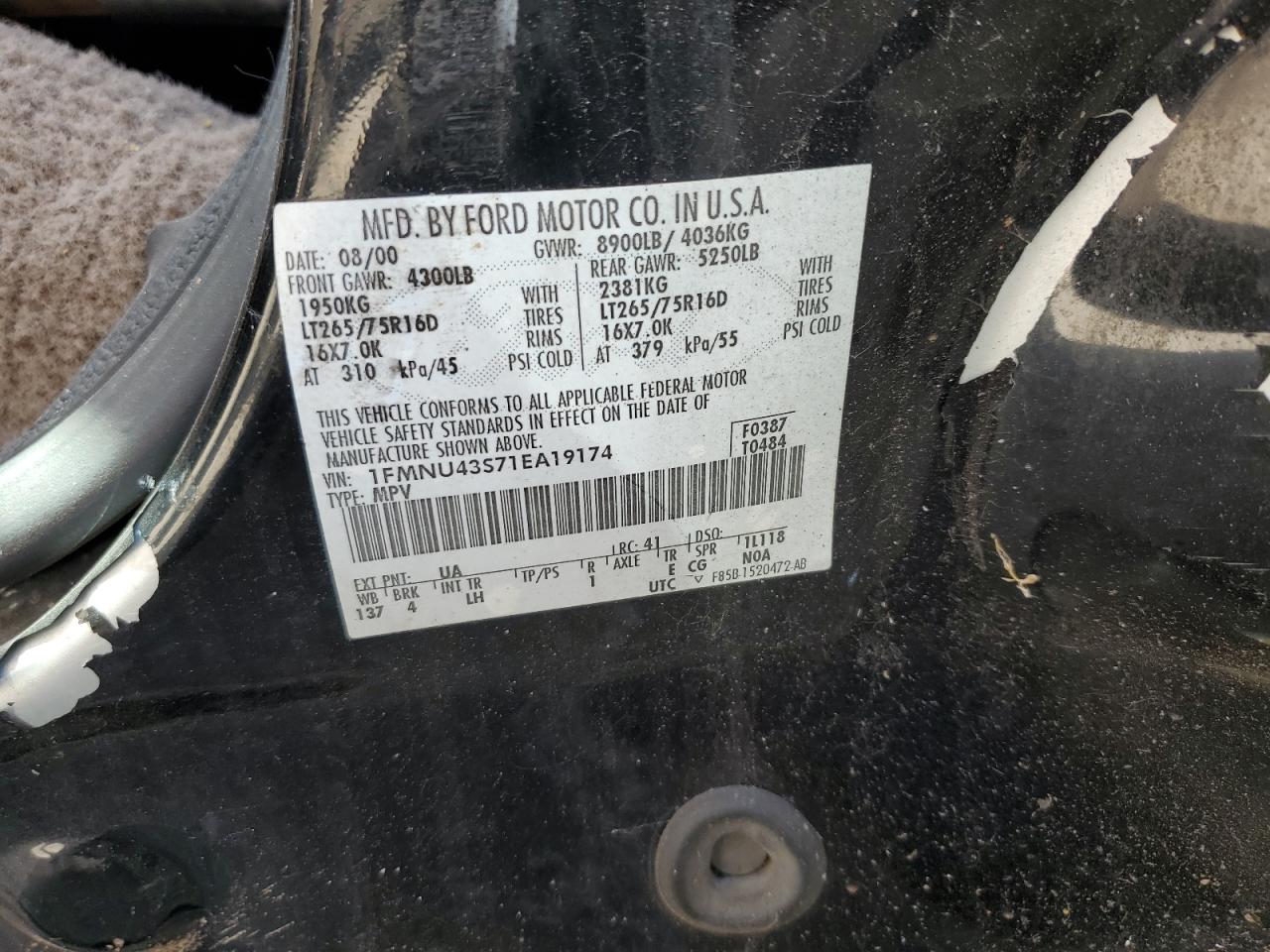 1FMNU43S71EA19174 2001 Ford Excursion Limited