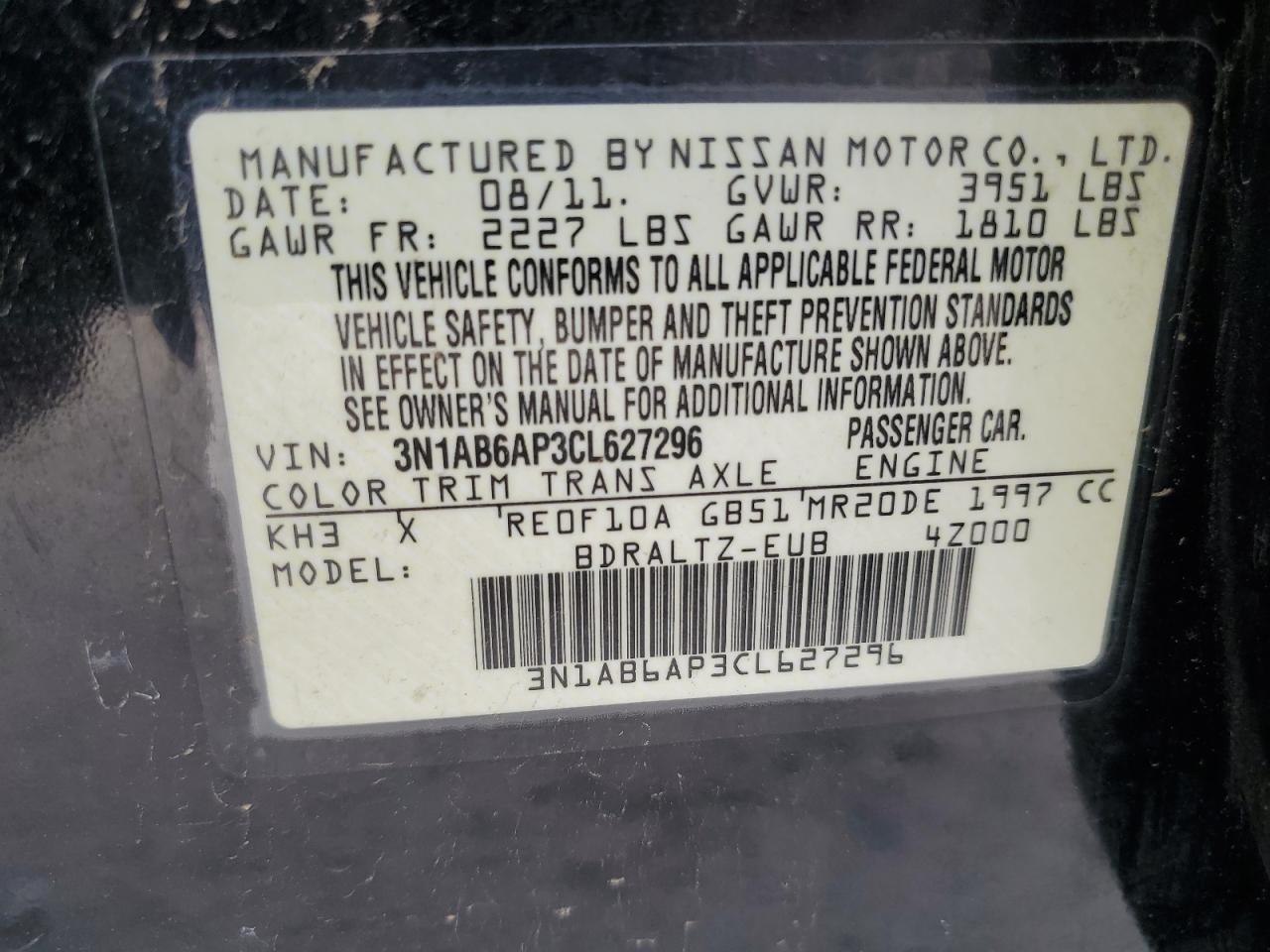 3N1AB6AP3CL627296 2012 Nissan Sentra 2.0