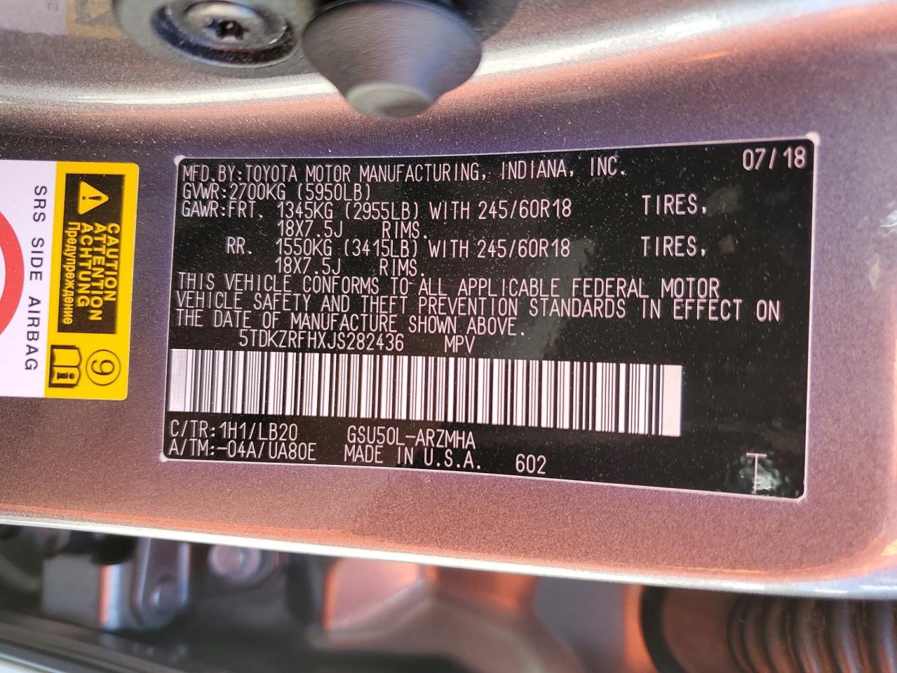 5TDKZRFHXJS282436 2018 Toyota Highlander Se