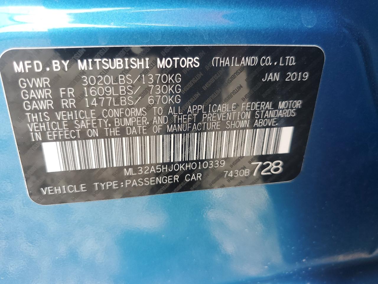 ML32A5HJ0KH010339 2019 Mitsubishi Mirage Le