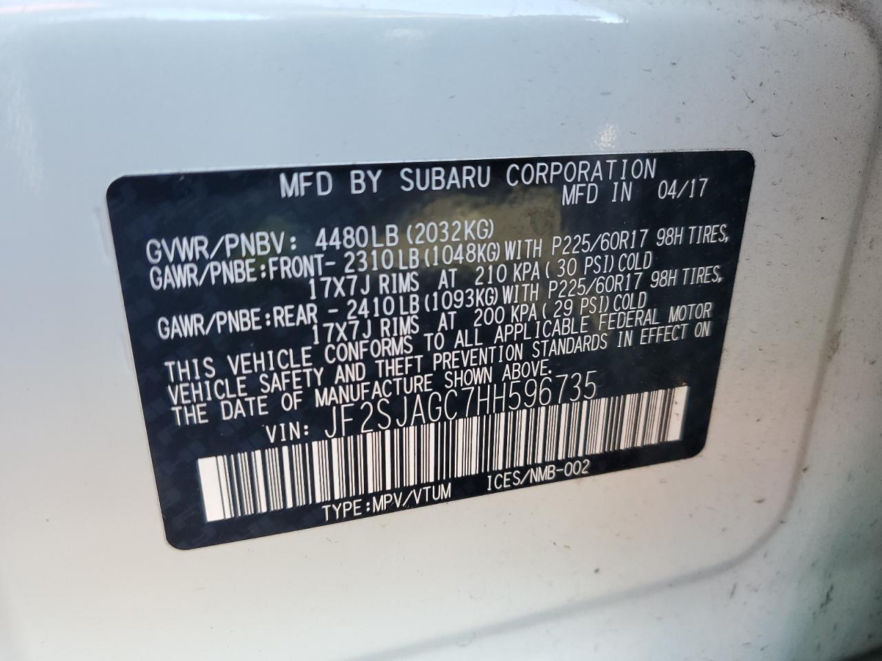 JF2SJAGC7HH596735 2017 Subaru Forester 2.5I Premium