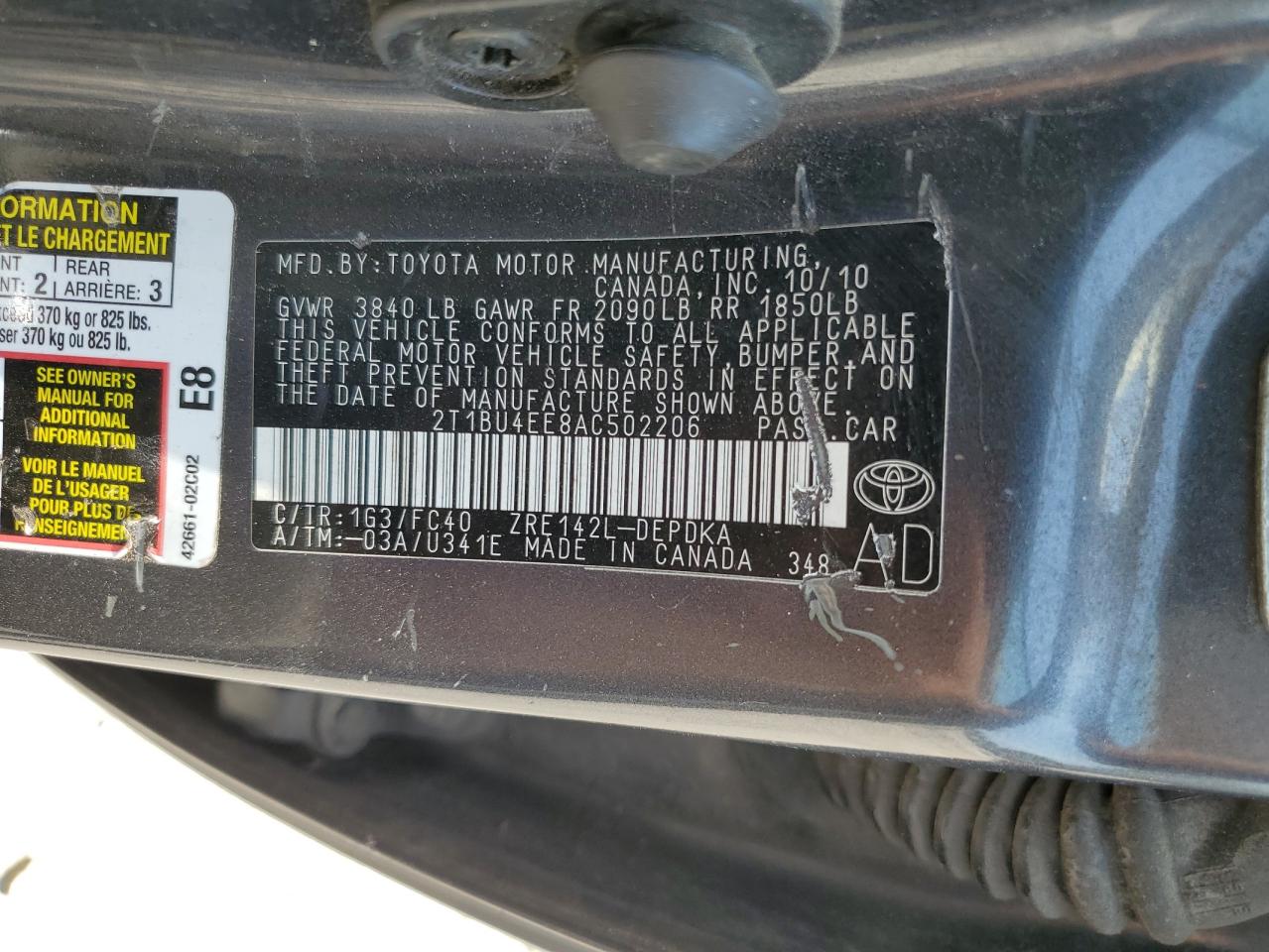 2T1BU4EE8AC502206 2010 Toyota Corolla Base