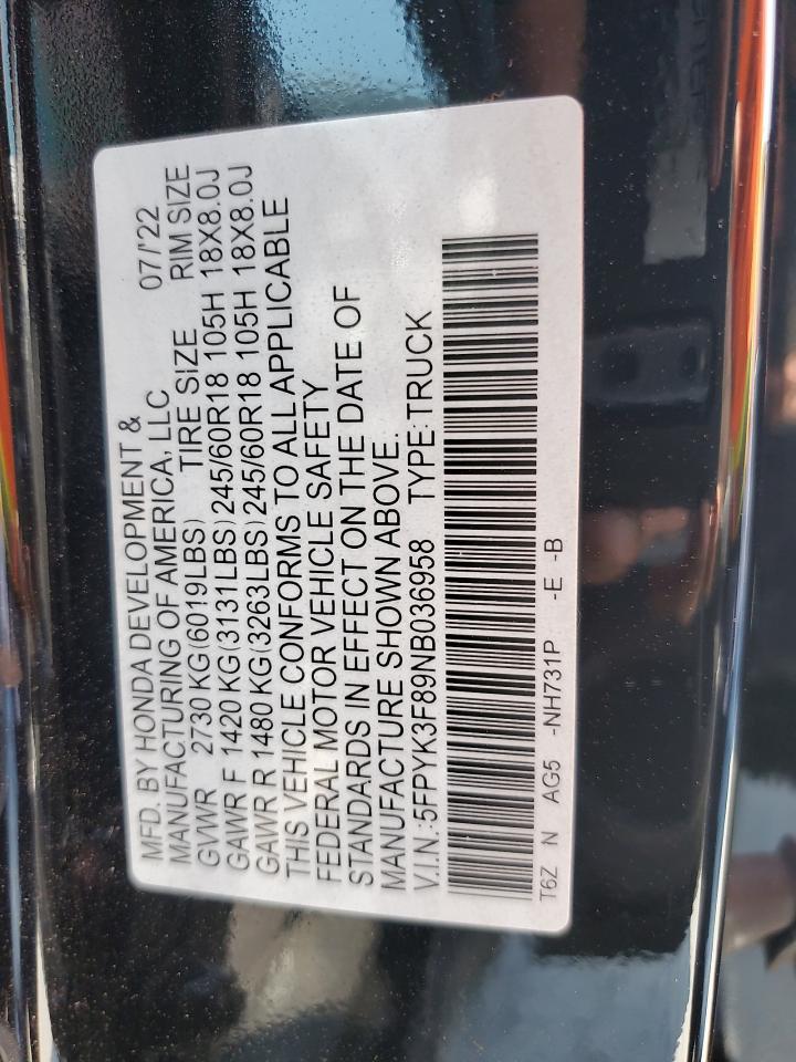 5FPYK3F89NB036958 2022 Honda Ridgeline Black Edition