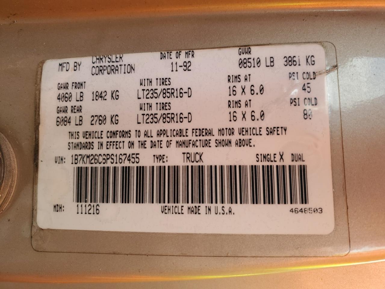 1B7KM26C6PS167455 1993 Dodge W-Series W200