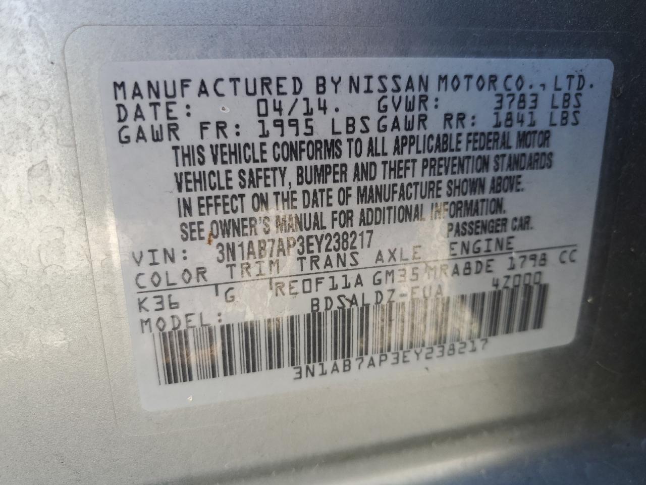 3N1AB7AP3EY238217 2014 Nissan Sentra S