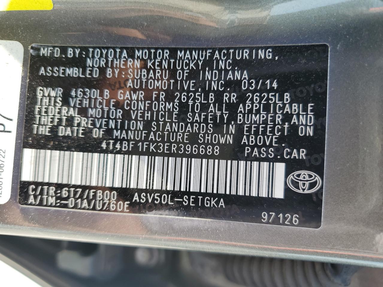 4T4BF1FK3ER396688 2014 Toyota Camry L