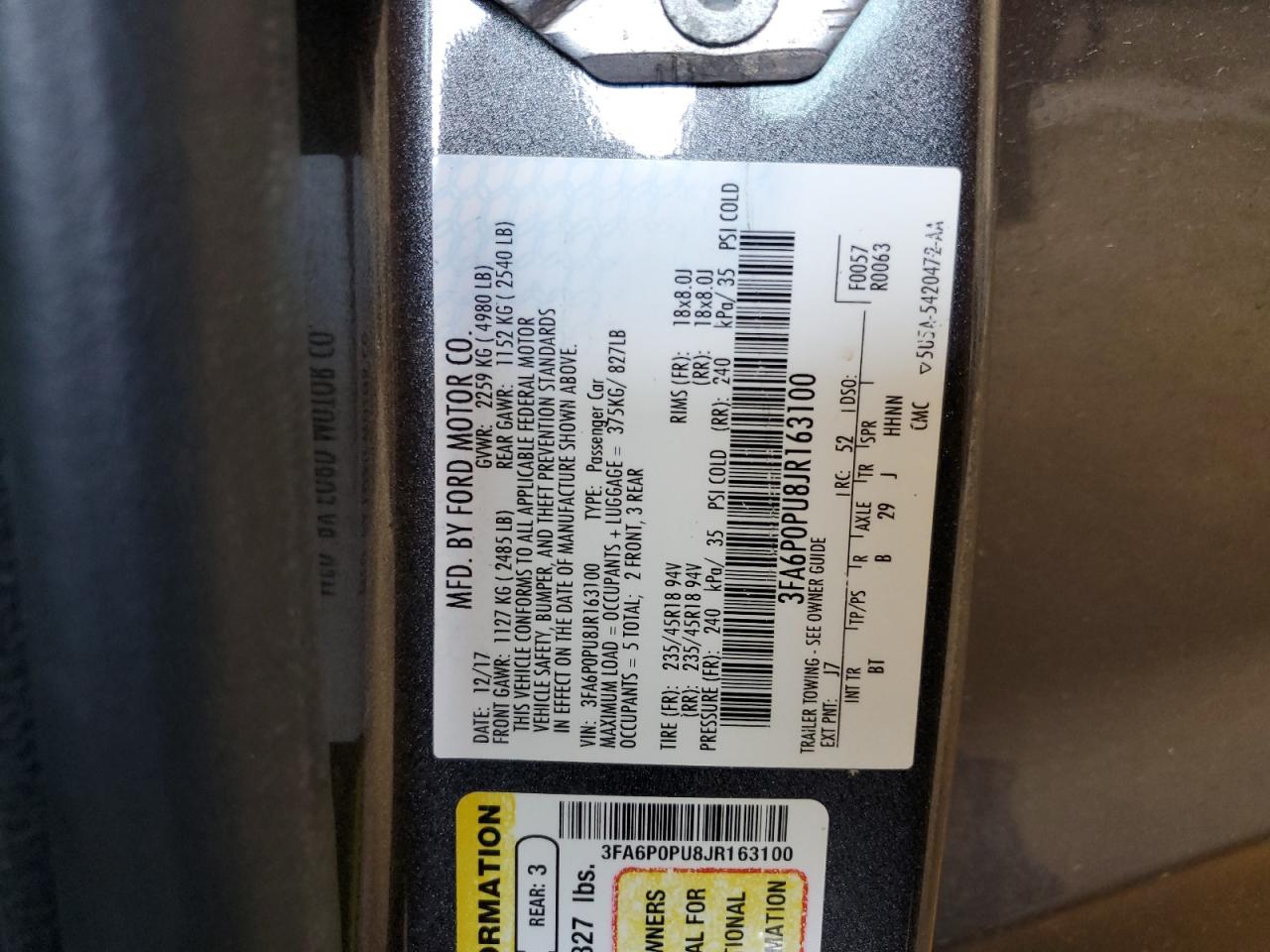 3FA6P0PU8JR163100 FORD FUSION 2018