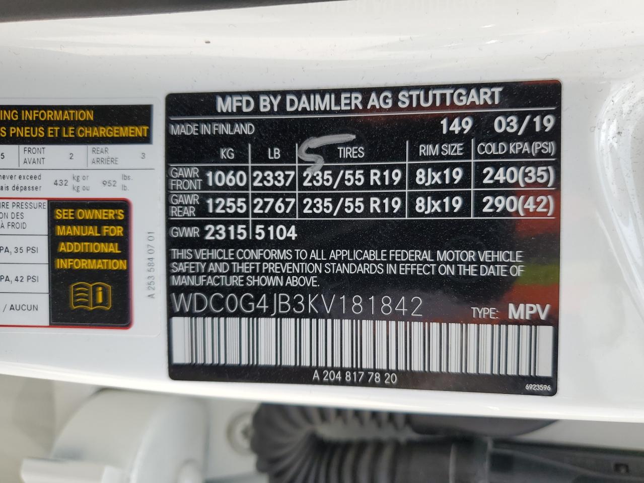 WDC0G4JB3KV181842 2019 Mercedes-Benz Glc 300