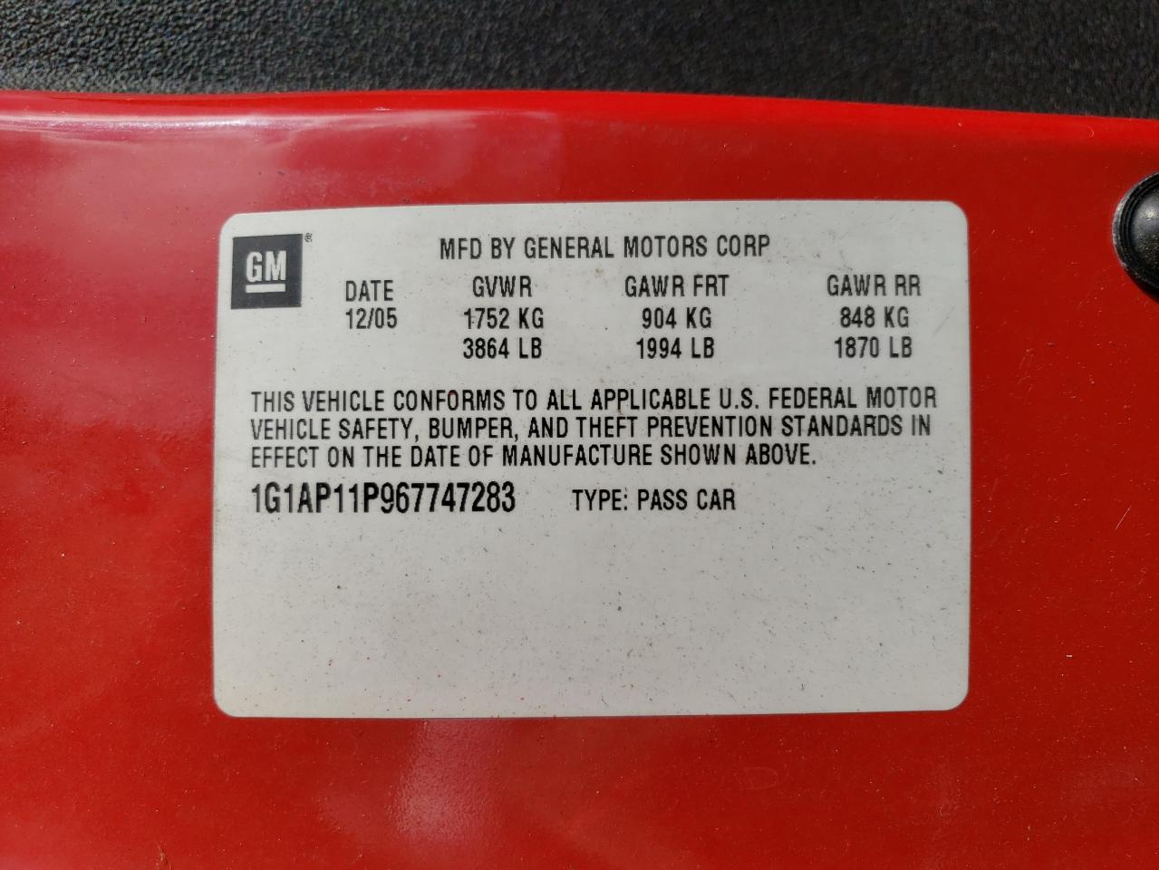 1G1AP11P967747283 2006 Chevrolet Cobalt Ss Supercharged