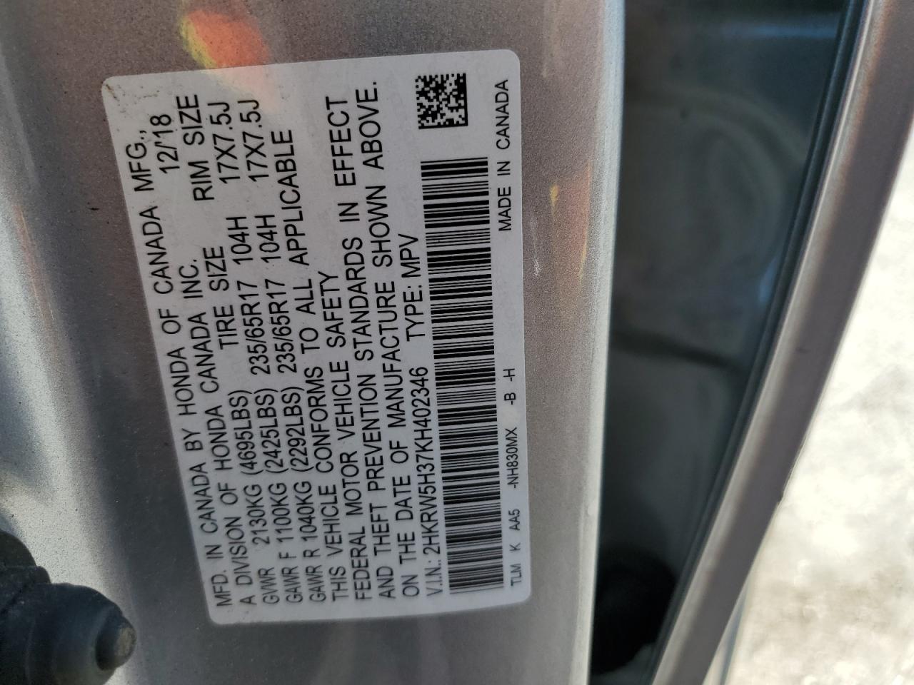 2HKRW5H37KH402346 2019 Honda Cr-V Lx