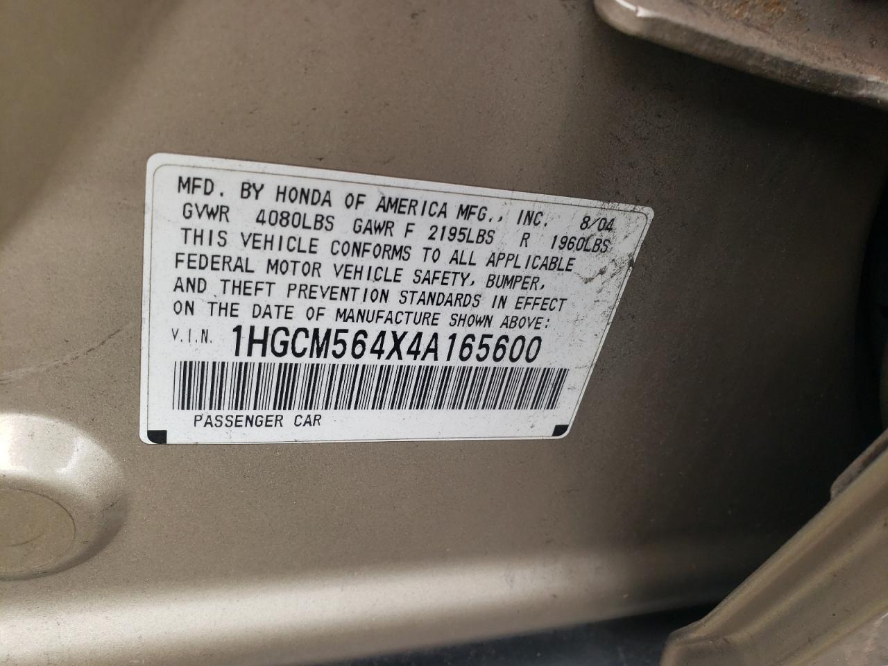 1HGCM564X4A165600 2004 Honda Accord Lx